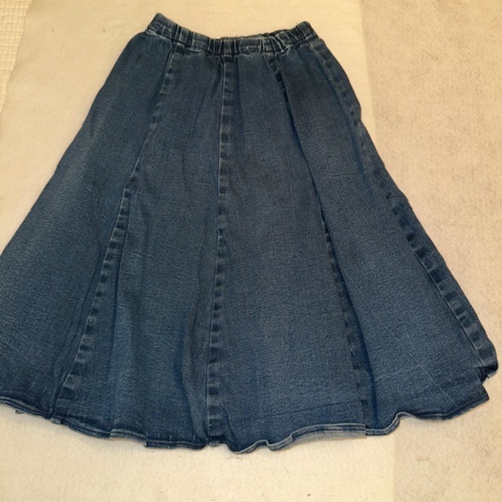 Denim A Line Skirt Womens Size M Blue Elastic Waist Paneled Midi Flare Casual